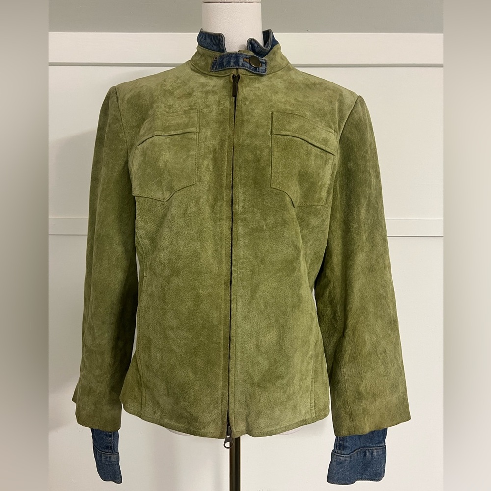 Metrostyle Womens Leather Jacket Size 12 Olive Green Denim Accent Zip Western